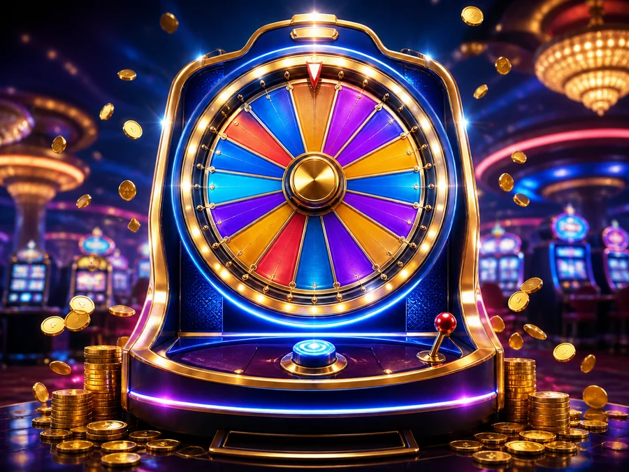 Ilustrasyon ng makulay na prize wheel na napapalibutan ng gintong barya sa arcade hall