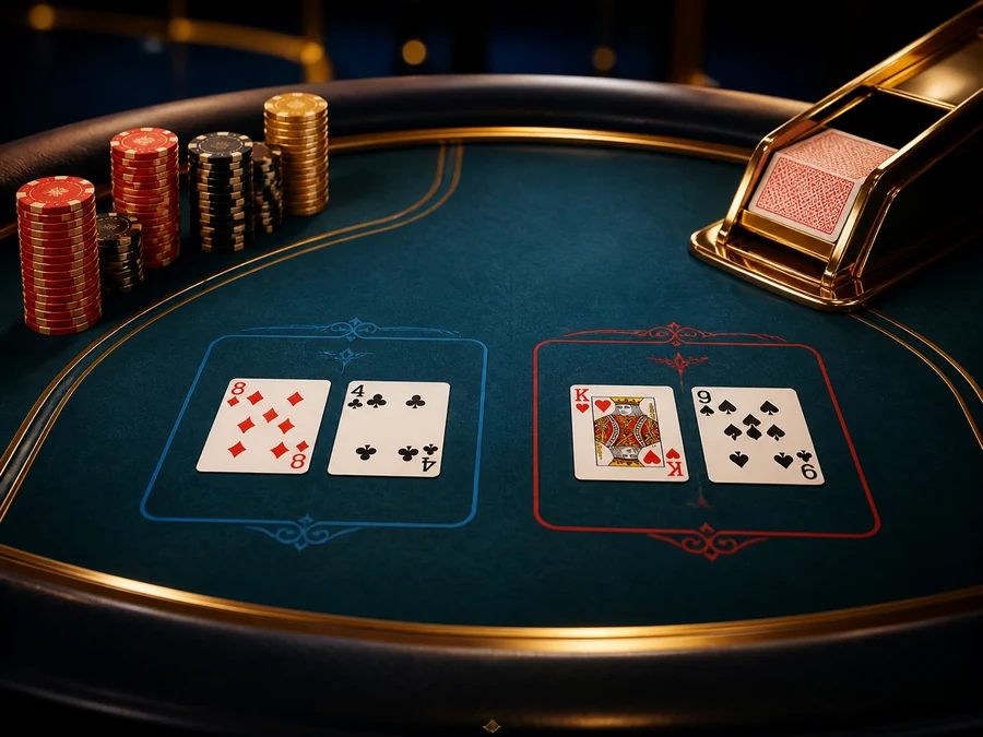 Illustration of a baccarat table with two two-card hands, chip stacks and a card shoe