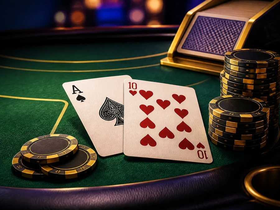 Ilustrasyon ng ace of spades at ten of hearts kasama ang mga itim na chip sa berdeng mesa