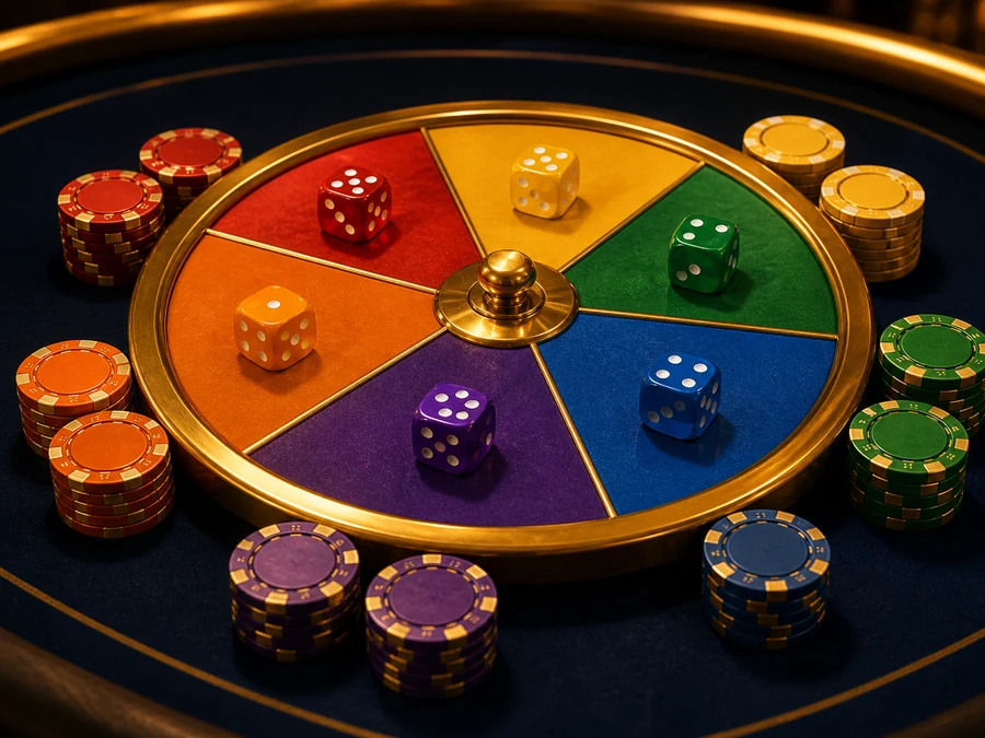 Ilustrasyon ng anim na kulay na wheel na may katugmang dice sa bawat bahagi, napapalibutan ng mga chip