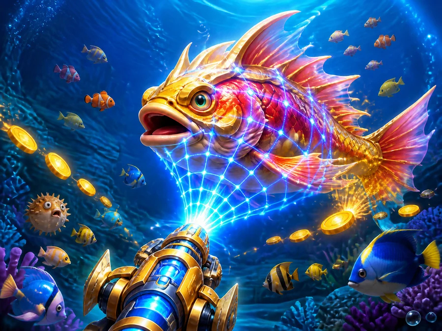 Ilustrasyon ng underwater arcade na may kanyong humuhuli ng malaking gintong isda gamit ang lambat