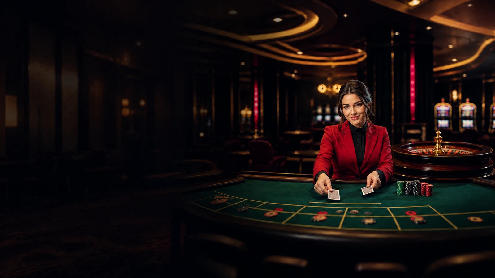 Illustration of a casino dealer in a red jacket dealing cards at a green table beside a roulette wheel