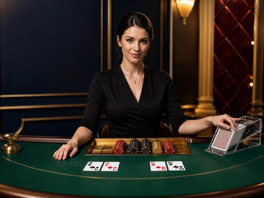Illustration of a dealer in black seated at a card table with chips and a card shoe