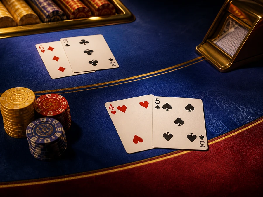 Illustration of two hands of playing cards and chip stacks on a blue card table