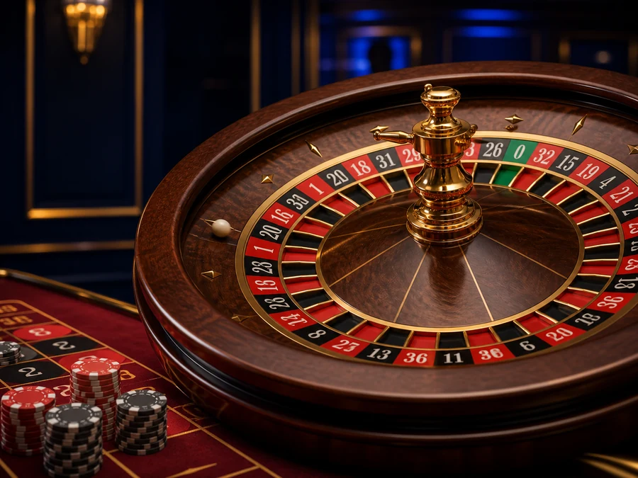 Ilustrasyon ng kahoy na roulette wheel at mga chip sa pulang betting layout