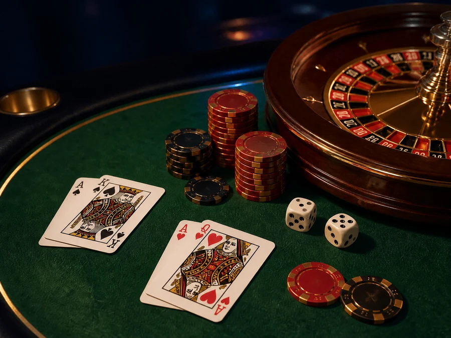 Ilustrasyon ng baraha, mga chip, dice at roulette wheel sa berdeng mesa