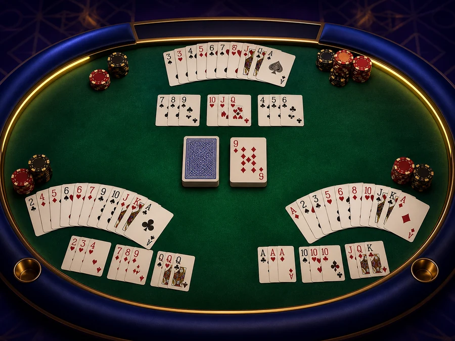 Illustration of a card table seen from above with melds, a draw pile and chip stacks